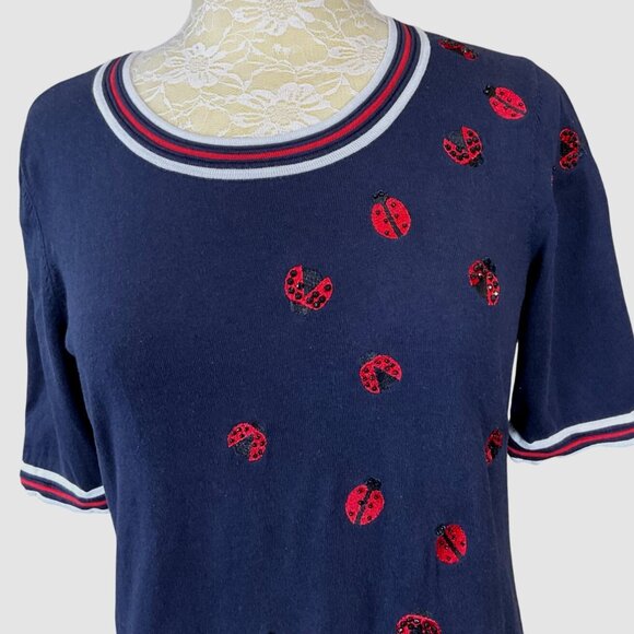Oprah Magazine Collection For Talbots SS Embroidered Beaded Ladybug Sweater Med - Picture 3 of 8
